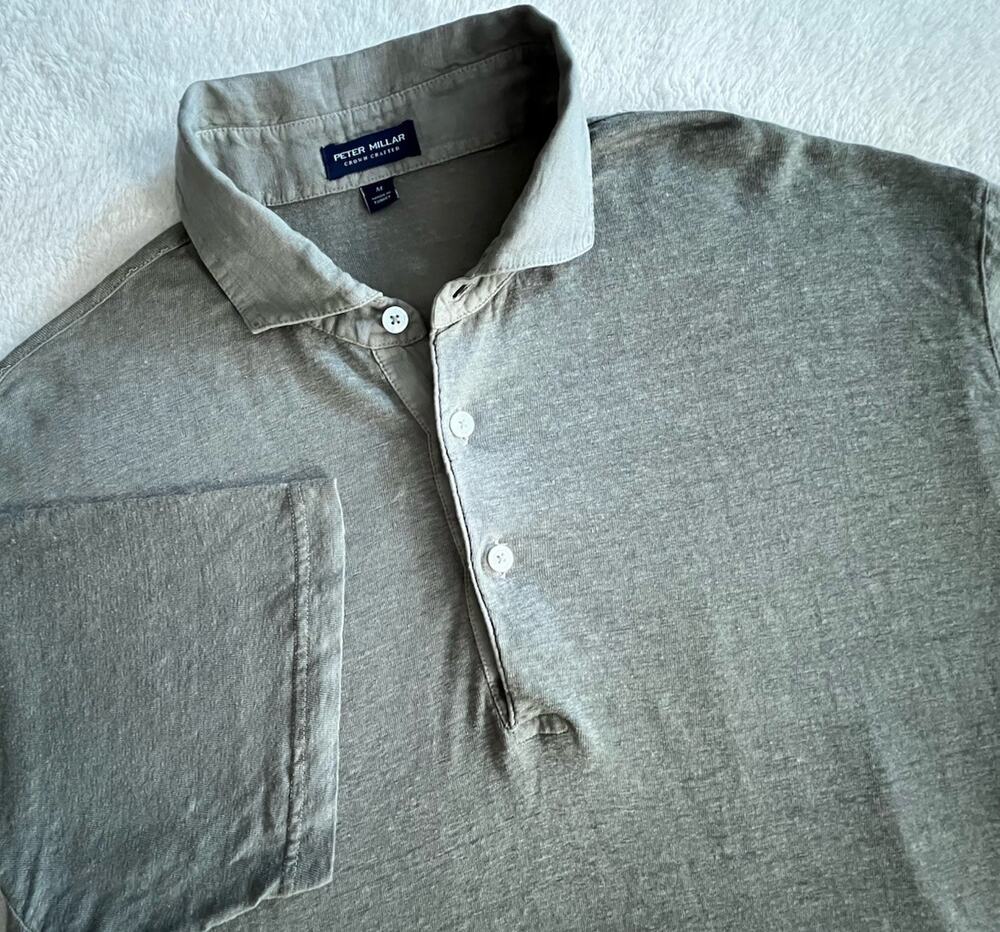 Peter Millar Crown Crafted Mens Medium Gray 100% Linen Short Sleeve Polo Shirt